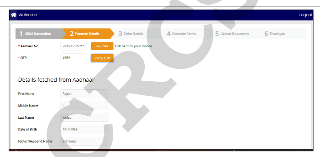 Detail fetched from Aadhar at CRCS Website